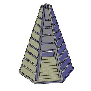 May include: A geometric, pyramid-shaped structure with a wooden frame and alternating panels. The panels are a light green color, and the frame is a darker gray. The structure has a square base and tapers to a point at the top.
