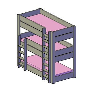 May include: A triple bunk bed with a wooden frame and three mattresses. The bed is painted in a light blue color and has a ladder on the side.