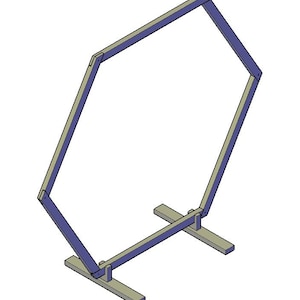 May include: A hexagonal wooden frame with a base, made of light brown wood with a blue stain. The frame is freestanding and has a geometric shape.