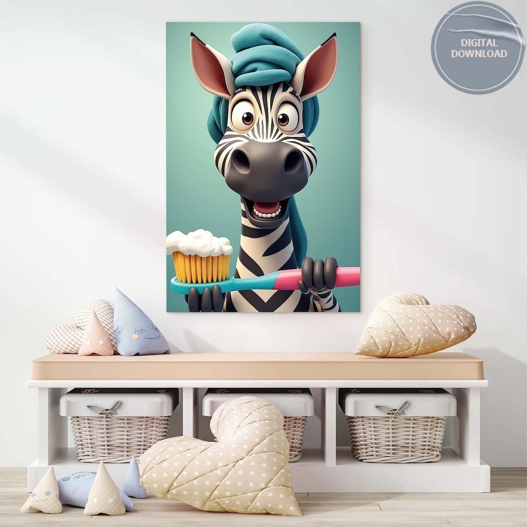 Animal Wall Art for Kids, Bathroom Poster, Brush Teeth Wall Decor ...