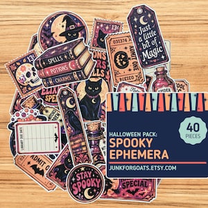 May include: A collection of 40 Halloween-themed paper ephemera pieces featuring illustrations of black cats, spell books, potions, skulls, and bats. The set includes tags, stamps, and tickets with text like Just a little bit of Magic and Spooky.