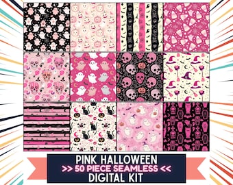 Pink Halloween Digital Paper Kit – 50 Seamless Pastel Spooky Backgrounds, Ghost Bat Pumpkin Cat Scrapbook Junk Journal