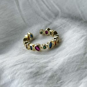 Gold Plated Adjustable Rainbow Gemstone Ring | Colorful Statement Ring | Multicolor Crystal Open Band | Unique Gift for Her