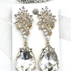 2.75&quot; Crystal gold dangle earrings, clear crystal rhinestone pageant earrings, crystal rhinestone dangle prom earrings
