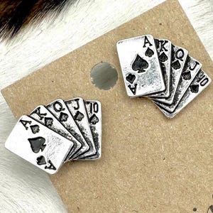 Royal flush spades stud earrings, ace of spaces post earrings, burnished silver metal poker cards earrings, western spades post earrings