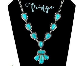 19" Western stone statement necklace, western turquoise concho necklace, burnished silver western stone necklace, western statement necklace