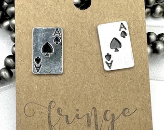 Ace of hearts stud earrings, burnished silver poker earrings, western heart cards post earrings