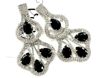 4" Black rhinestone pageant earrings, jet black and crystal rhinestone earrings, black prom earrings, black crystal statement earrings