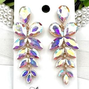 2.5&quot; AB crystal gold dangle earrings, AB crystal prom earrings, AB crystal rhinestone pageant earrings