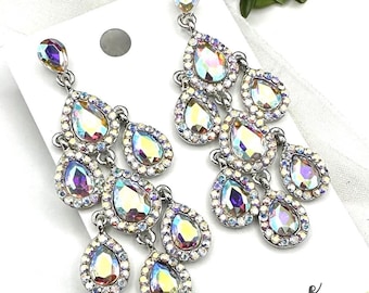 2.5" AB crystal silver dangle earrings, AB crystal silver pageant chandelier earrings, bridal crystal silver drop earrings