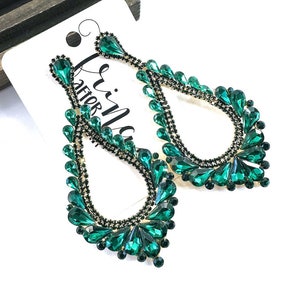 4.25&quot; Emerald pageant earrings, green rhinestone earrings, green prom earrings, crystal rhinestone dangle earrings