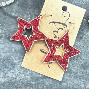 Red glitter star earrings, star glitter earrings, glitter star earrings, dangle star earrings, game day star earrings
