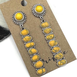 Western dangle earrings, mustard western stone earrings, yellow stone drop earrings, pierced earrings, burnished silver dangle earrings