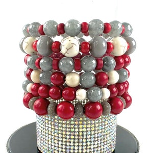 Red & Grey game day bracelets, gemstone bead stretch bracelets, team colors stackable bracelet, red and grey team fan bracelet