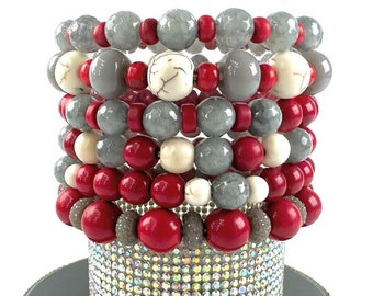 Red & Grey game day bracelets, gemstone bead stretch bracelets, team colors stackable bracelet, red and grey team fan bracelet
