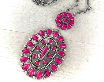 31" Hot pink western pendant long necklace, hot pink oversized LARGE pendant necklace, burnished silver western concho necklace