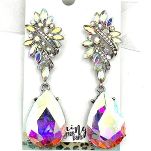 2.75&quot; AB crystal silver dangle earrings, AB silver rhinestone pageant earrings, AB crystal rhinestone earrings, crystal dangle prom earrings