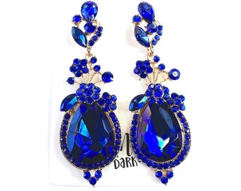 2.25" Long Royal Blue Rhinestone Dangle Earrings – Crystal Pageant, Chandelier Style