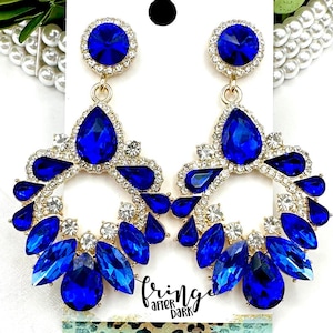 2.7&quot; Royal blue rhinestone chandelier dangle earrings, sapphire crystal prom earrings, blue gold statement earrings