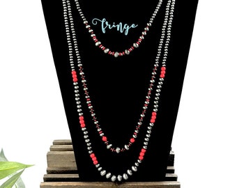 28" Western Navajo pearl layered Necklace, matte western pearl necklace, red western beads