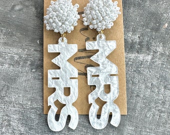 MRS white marble acrylic and seed bead earrings, pierced earrings, statement earrings