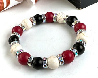 Red & black game day bracelet, 10mm chunky bead bracelet, sports fan stackable bracelet, red game day bracelet