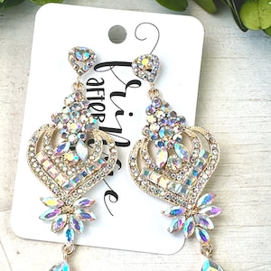 3.7&quot; AB crystal gold dangle earrings, AB rhinestone chandelier pageant earrings, crystal AB statement dangle earrings