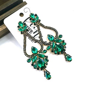 4.25&quot; emerald prom earrings, emerald pageant earrings, emerald statement earrings, emerald rhinestone earrings, green chandelier earrings