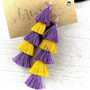 Purple & yellow Game Day earrings, Game Day tassel dangle earrings, school spirit earrings, long tassel yellow purple team earrings