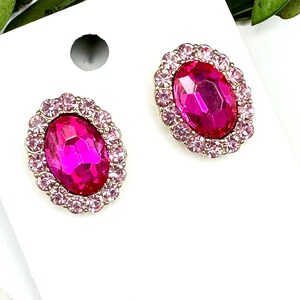 0.8&quot; Fuchsia rhinestone stud earrings, fuchsia and pink prom earrings, two tone pink crystal earrings, pink oval stud earrings