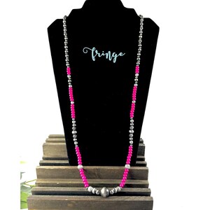 32" Western Navajo pearl fuchsia bead Necklace, western pearls, western beads, pink western bead necklace