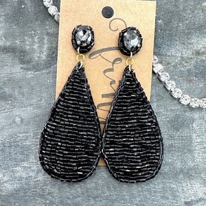 Black bead teardrop bling earrings, black beaded dangle earrings, seed bead earrings, black bead pageant earrings