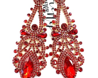 4.5" Long red rhinestone dangle earrings, red crystal prom earrings, red pageant statement earrings, red gala drop earrings