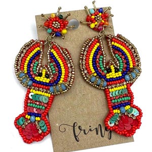 Lobster bling bead dangle earrings, big rainbow lobster beaded rhinestone earrings, crawfish earrings, lobster dangle earrings