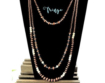 28" Copper Navajo pearl layered necklace, western pearls, western layered beads, burnished copper and ivory beads