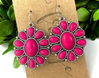 Fuchsia western concho stone dangle earrings, pink western dangle earrings, western squash blossom drop earrings