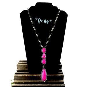 21" Fuchsia western beaded pendant necklace, western pendant Y necklace, burnished silver necklace, long pink pendant, layering necklace