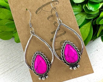 Western fuchsia pink teardrop dangle earrings, pink western drop earrings, pink burnished silver earrings