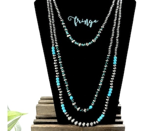 28" Western Navajo pearl layered Necklace, matte western pearl necklace, turquoise western beads