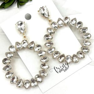 2.75&quot; Crystal gold hoop dangle earrings, clear crystal gold rhinestone prom dangle earrings, clear crystal pageant statement earrings