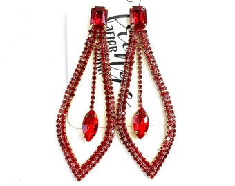 4" Red rhinestone dangle earrings, red pageant earrings, red prom earrings, red crystal drop earrings, long red earrings