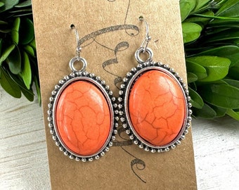 Orange stone western earrings, western oval stone dangle earrings, burnished silver drop earrings, western oval orange fashion earrings