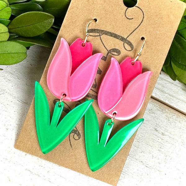 Tulip dangle earrings, pink acetate acrylic tulip earrings, spring flower tulip dangle earrings, pink flower drop earrings