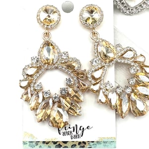2.7&quot; Champagne rhinestone chandelier dangle earrings, light topaz crystal prom earrings, LCT gold statement earrings