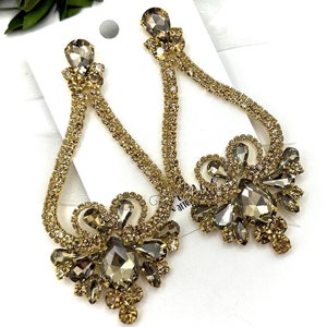 4&quot; Gold rhinestone oversized dangle earrings, big topaz crystal pageant earrings, LCT crystal chandelier statement earrings