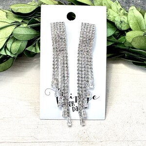 3" Crystal silver dangle earrings, silver prom rhinestone earrings, crystal rhinestone fringe earrings, pageant tassel earrings