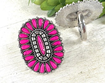 Fuchsia western concho stretch ring, western burnished silver stretch ring, western fashion ring, pink statement ring