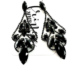 3.4" Black rhinestone dangle earrings, black pageant earrings, black statement earrings, crystal rhinestone earrings, black dangle earrings