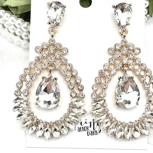 2.9&quot; Crystal gold chandelier dangle earrings, clear crystal gold rhinestone teardrop earrings, rhinestone prom statement earrings