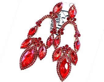 4.5" Red crystal dangle earrings, red rhinestone prom earrings, red pageant statement earrings, long red rhinestone drop earrings